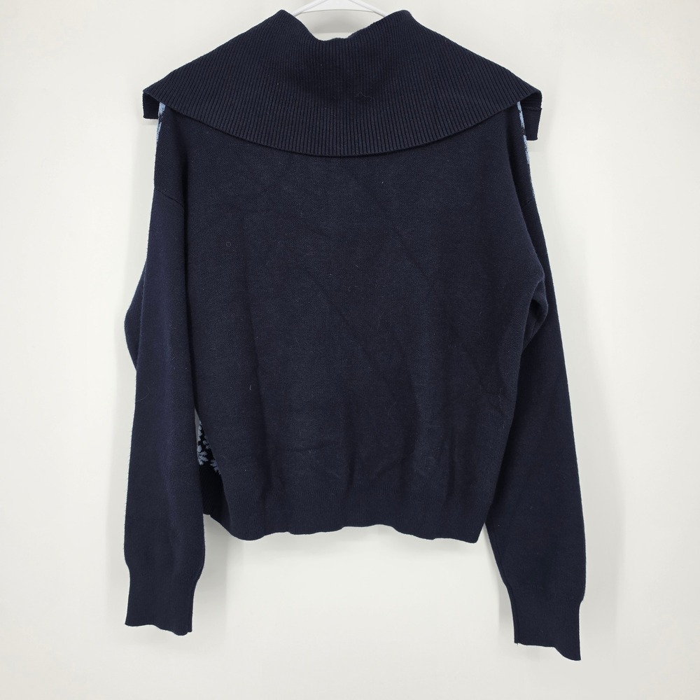 Nanette Lepore Cardigan Sweater Large Navy Blue Floral Damask Cottagecore - Picture 9 of 11